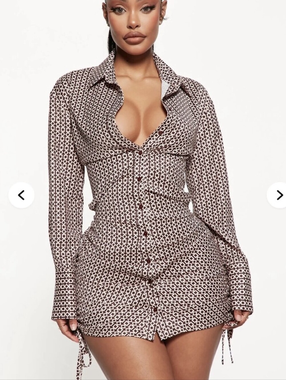 Fashion Nova, One Way Satin Shirt Dress in Brown - Picture 2 of 5